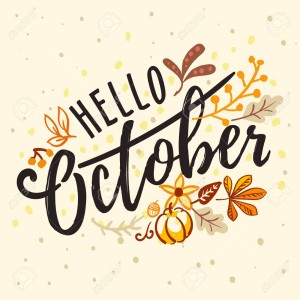 Inscription hello October with nature autumn ornament. Hand drawn lettering with bright fall leaves, banner, poster, card. Vector illustration in flat style.